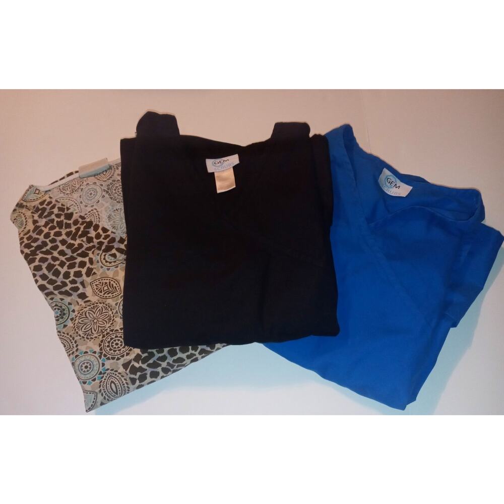 Woman's scrub tops size large lot of 3 blue brown black gem tafford Scrubs